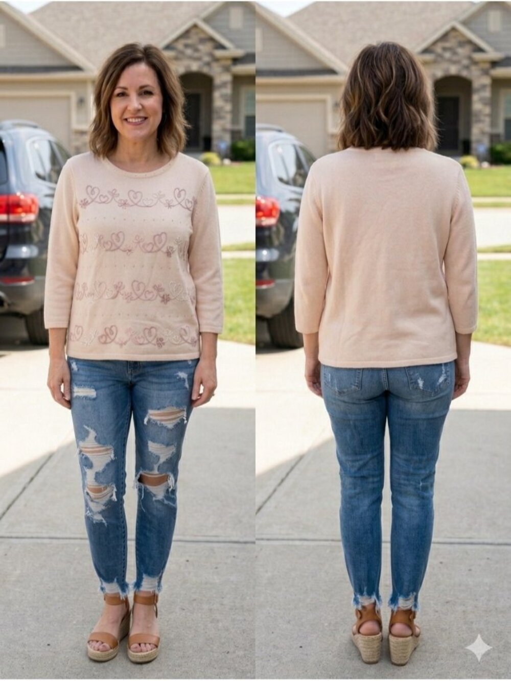 Alfred Dunner Sweater Womens PM Petite Medium Pink Embro Embroidered Hearts